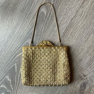 Vintage Gold Rhinestone Evening Bag Goldtone Fabric Chain Strap